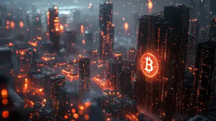 A stunning cyberpunk cityscape featuring futuristic buildings illuminated with a warm glow, prominently displaying a Bitcoin symbol. Perfect as a HD wallpaper for tech enthusiasts.