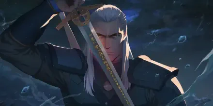 Vibrant HD wallpaper featuring Geralt of Rivia from The Witcher: Sirens of the Deep, gripping his sword against a mystical, stormy backdrop.
