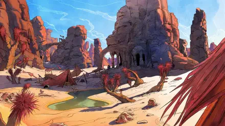 A vibrant desert landscape from the video game Avowed, featuring rocky formations, a serene pool, and unique plants, perfect for an HD PC desktop wallpaper.