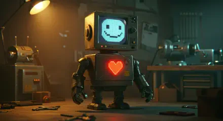 A whimsical robot with a vintage TV head displaying a smiley face and a glowing heart stands in a dimly lit workshop, showcasing a blend of sci-fi charm in 4K Ultra HD quality.