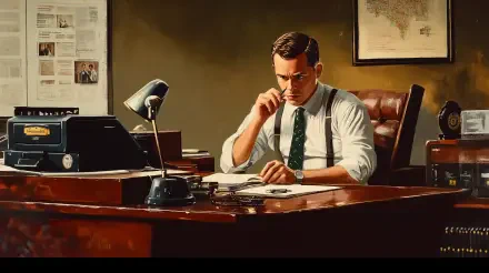 A man in a formal outfit works diligently at a classic wooden desk in an office setting, encapsulating the essence of a 9 to 5 job. 4K Ultra HD PC Desktop Wallpaper and Background.