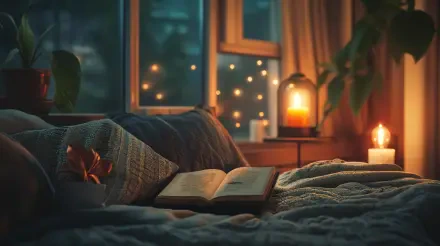 A cozy, candlelit bedroom at night with an open book on soft blankets by a window, glowing lantern, and warm ambient lights—4K Ultra HD PC wallpaper capturing a peaceful reading nook.