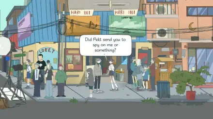 A vibrant HD wallpaper from the video game Afterlove EP, featuring a bustling street scene with characters engaged in conversation and colorful shopfronts.