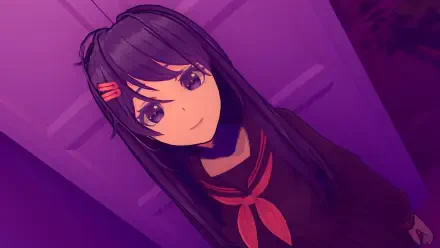 A captivating HD PC desktop wallpaper featuring a character from the video game MiSide, with vibrant colors and a playful expression set against a purple background.