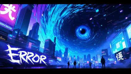 A vibrant digital glitch scene features silhouettes against a swirling vortex in a futuristic cityscape, emphasizing a striking contrast of colors in this 4K Ultra HD wallpaper.