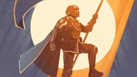 Helldivers 2 HD PC desktop wallpaper/background showing a stylized armored Helldiver in a cape planting a flag before a glowing sun, rendered in bold orange and blue tones.