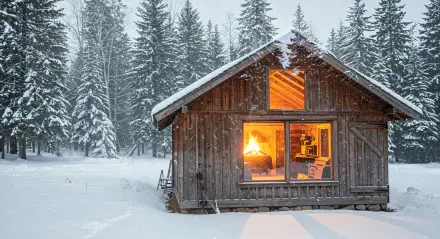 A cozy winter cabin glowing warmly inside, surrounded by snow-covered forest, captured in 4K Ultra HD for a PC desktop wallpaper and background.