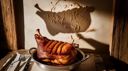 A mouthwatering roasted pork dish sits in a silver pan, casting a shadow against a textured background, designed as a stunning 4K Ultra HD desktop wallpaper.