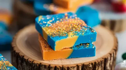 A vibrant image of colorful toffee stacked on a wooden slice, showcasing bright blue and orange layers with sparkling glitter, serves as a captivating 4K Ultra HD desktop wallpaper.
