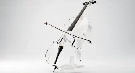 A sleek, transparent cello stands elegantly on a minimalist background, showcasing its intricate design, featuring a smooth surface and graceful curves, perfect for a 4K Ultra HD desktop wallpaper.