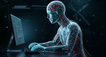 A futuristic coder with a transparent, robotic body sits at a computer, typing. The scene features vibrant circuitry against a dark background, rendered in 4K Ultra HD.