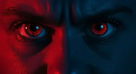 Close-up of intense, angry eyes against a dramatic blue and red backdrop, showcasing striking detail and emotion, designed as a 4K Ultra HD desktop wallpaper.