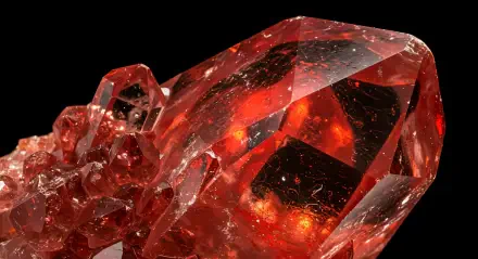 Close-up of a striking red quartz crystal, showcasing intricate facets and reflections, set against a black background. A stunning 4K Ultra HD desktop wallpaper.