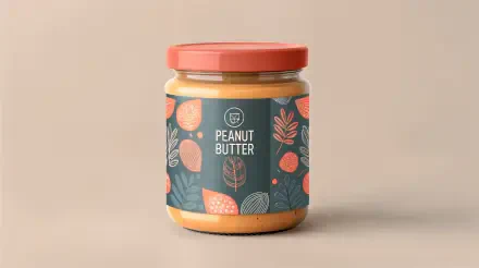 A stylish jar of peanut butter with a decorative label featuring colorful leaves and fruits, set against a soft, neutral background. 4K Ultra HD desktop wallpaper.