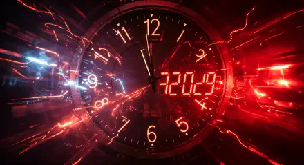 A vibrant 4K Ultra HD wallpaper featuring a clock displaying a countdown, surrounded by dynamic red and blue light effects, perfect for celebrating the New Year.