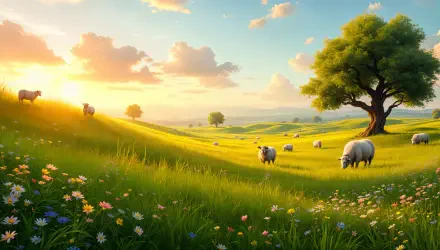 A serene pasture at sunset with lush green hills, grazing sheep, and vibrant wildflowers. This beautiful scene makes an enchanting 4K Ultra HD PC desktop wallpaper.