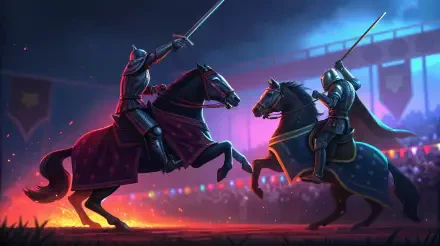 A dramatic jousting scene featuring knights on horseback, illuminated by vibrant lights, set against a lively backdrop. This 4K Ultra HD wallpaper showcases the excitement of medieval tournaments.