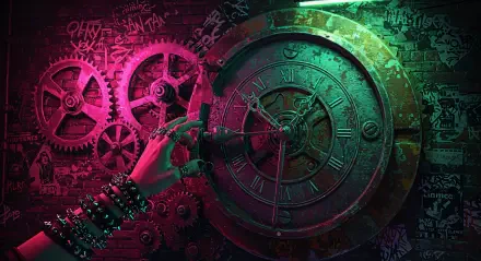 A colorful 4K Ultra HD wallpaper featuring a dramatic clockwork design, showcasing gears and a vintage clock, with a hand reaching for the mechanisms against a graffiti backdrop.