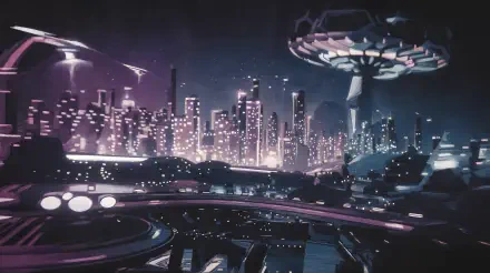 A vibrant duotone cityscape at night, featuring futuristic buildings and a hovering craft, set against a backdrop of glowing lights. An engaging 4K Ultra HD desktop wallpaper.