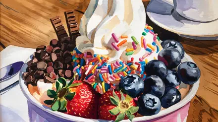 A vibrant bowl of frozen yogurt topped with colorful sprinkles, chocolate chips, strawberries, and blueberries, set against a natural wooden background. 4K Ultra HD desktop wallpaper.