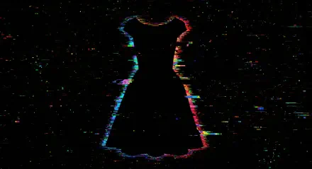 Silhouette of a black dress with glitch art effects against a dark background, designed as a 4K Ultra HD PC desktop wallpaper.