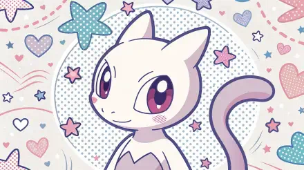A vibrant 4K Ultra HD wallpaper featuring Mewtwo from Pokémon, surrounded by playful stars and hearts, showcasing a whimsical and colorful design.