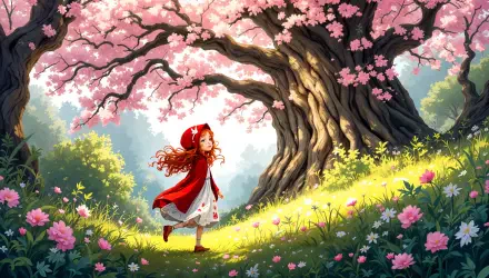 A whimsical depiction of Little Red Riding Hood walking through a vibrant landscape under blooming cherry trees, creating a beautifully enchanting 4K Ultra HD wallpaper.