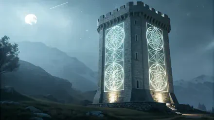A majestic fortified tower illuminated by mystical patterns, surrounded by a serene landscape and a glowing moon, depicted in stunning 4K Ultra HD resolution for a captivating desktop wallpaper.