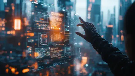A hand interacts with a holographic interface in a vibrant cyberpunk cityscape, showcasing futuristic design elements in a high-definition desktop wallpaper.