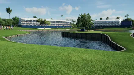 A scenic view from the PGA TOUR 2K25 video game, showcasing a tranquil pond, lush green grass, and modern spectator stands on a bright, sunny day. HD wallpaper for PC desktops.