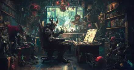 A dark art studio teems with fantasy creatures, featuring a horned devil character focused on creating amidst an array of eerie decorations and intricate details. HD wallpaper for dramatic ambiance.