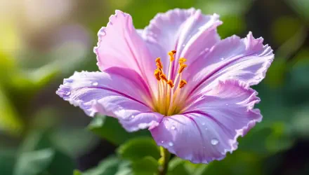 A stunning close-up of a pink wildflower, showcasing delicate petals and vibrant yellow stamens, adorned with droplets, set against a lush green background. A beautiful 4K Ultra HD desktop wallpaper.