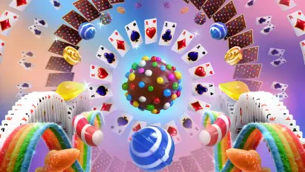 A vibrant HD wallpaper featuring elements from Candy Crush Saga, showcasing colorful candies, playful emojis, and cards arranged in a whimsical, swirling design.