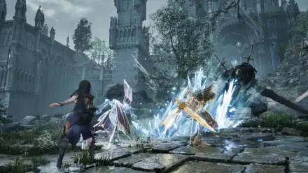 A dramatic scene from the video game Tides of Annihilation, showcasing a character amidst a mystical battle with shimmering energies in a detailed, gothic landscape. 4K Ultra HD quality.