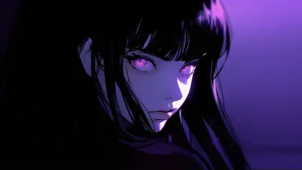 HD PC desktop wallpaper featuring a mysterious anime-style character with glowing purple eyes and dark hair against a deep purple background.