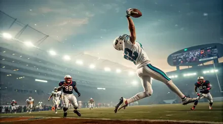 A football player leaps to make a spectacular touchdown catch, with opposing players in pursuit. This dynamic scene shines as a 4K Ultra HD PC desktop wallpaper.