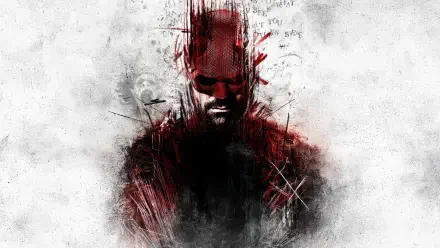 4K Ultra HD PC desktop wallpaper of Daredevil: Born Again featuring a dark, abstract portrait with red and black brush strokes on a textured white background.