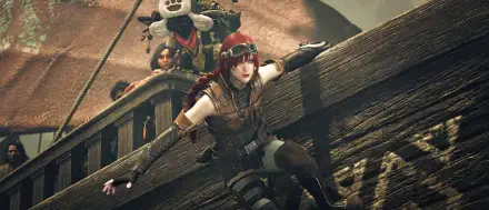 A striking HD desktop wallpaper from Monster Hunter Wilds, featuring a hunter climbing a ship's railing, with companions in the background, capturing a dynamic action-packed scene.