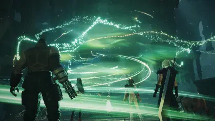 A captivating HD wallpaper from Final Fantasy VII Rebirth, showcasing dynamic magic and characters immersed in vibrant, swirling lights against a dramatic backdrop.