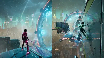 A dynamic HD wallpaper from the video game Split Fiction, featuring a character poised on a futuristic landscape with glowing accents, set against a vibrant, rain-soaked city backdrop.