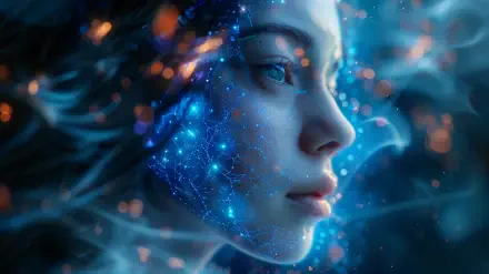 A futuristic girl with cybernetic features and a blue digital overlay gazes thoughtfully, capturing a blend of technology and humanity in this HD desktop wallpaper.