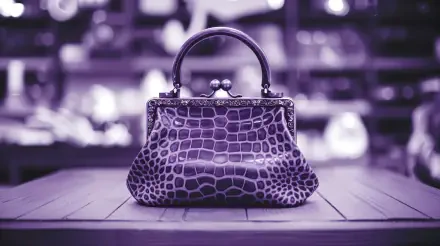 A stylish, crocodile-patterned purse displayed on a wooden table, captured in a rich purple tone, perfect as a 4K Ultra HD desktop wallpaper.