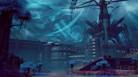 A stunning HD PC desktop wallpaper featuring a futuristic environment from the video game War Robots: Frontiers, showcasing advanced structures and surreal landscapes.