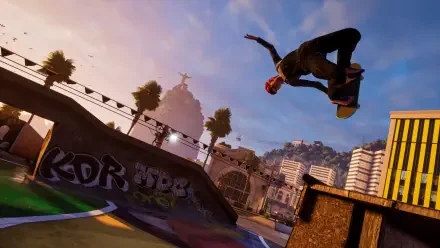 A dynamic skateboarding scene from Tony Hawk's Pro Skater 3 + 4, featuring a skater performing an impressive trick against a vibrant city backdrop in stunning 4K Ultra HD.