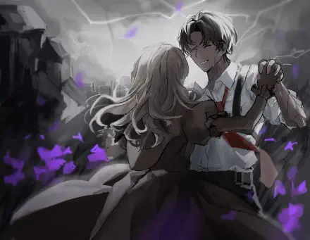 HD PC desktop wallpaper: Catherine and Heathcliff (Limbus Company) share a tender dance in a moody grayscale cityscape, purple butterflies fluttering around them.