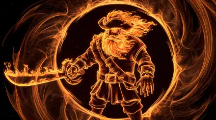 A striking 4K Ultra HD wallpaper featuring a space pirate with fiery hair, brandishing a sword against a swirling flame background, capturing a bold and adventurous spirit.