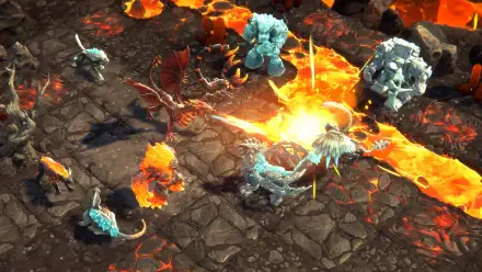 Dynamic scene from Eldrador Creatures: Shadowfall, featuring vivid creatures battling amidst lava and rocky terrain, showcased in stunning 4K Ultra HD.