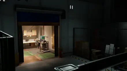 A detailed 4K Ultra HD wallpaper from the video game Order 13, featuring a dimly lit industrial space with a workstation and storage area, creating an immersive gaming atmosphere.