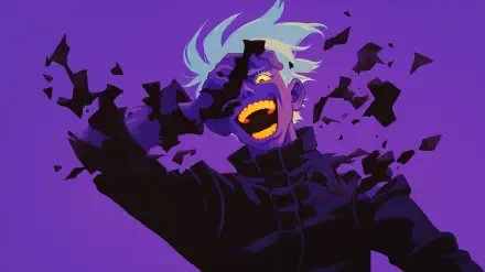 HD desktop wallpaper featuring Satoru Gojo from Jujutsu Kaisen, with vibrant purple tones and dynamic imagery, capturing the character's energetic expression.