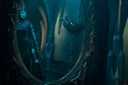 A dark, atmospheric scene from the movie Snow White (2025), featuring a mysterious figure gazing into an ornate mirror, surrounded by an eerie, enchanted setting. 4K Ultra HD quality.